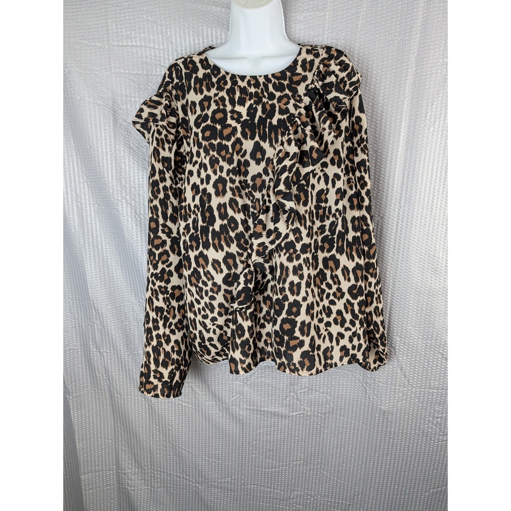 Lane Bryant Womens Size 20 Leopard Print Blouse Ruffle Front‎ Long Sleeve Career